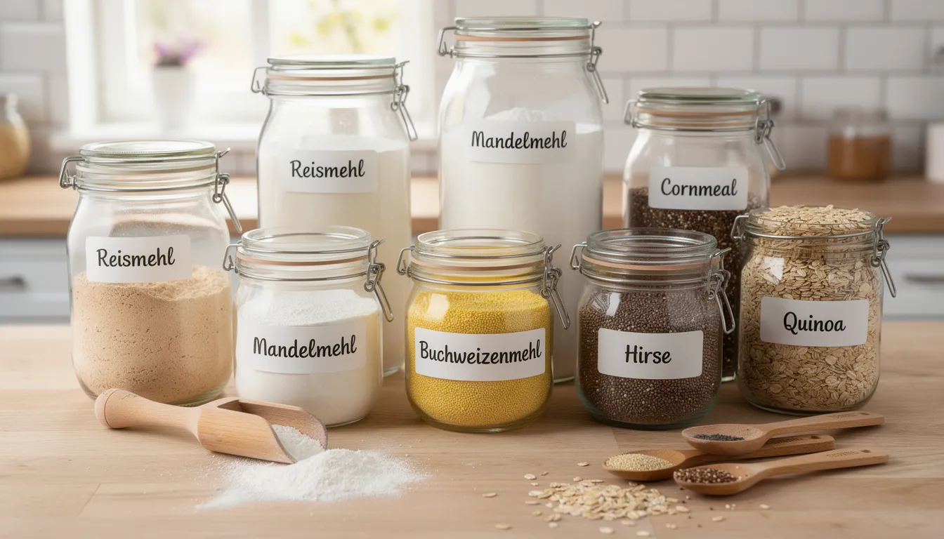 Weizenunverträglichkeit: Ursachen, Symptome und Behandlungsmöglichkeiten 89 Das Bild zeigt verschiedene glutenfreie Mehle und Körner, die in transparenten Gläsern angeordnet sind. Diese Auswahl umfasst unter anderem Reis, Mais und Dinkel, ideal für Menschen mit Weizenunverträglichkeit oder Zöliakie, die auf der Suche nach alternativen Nahrungsmitteln sind.